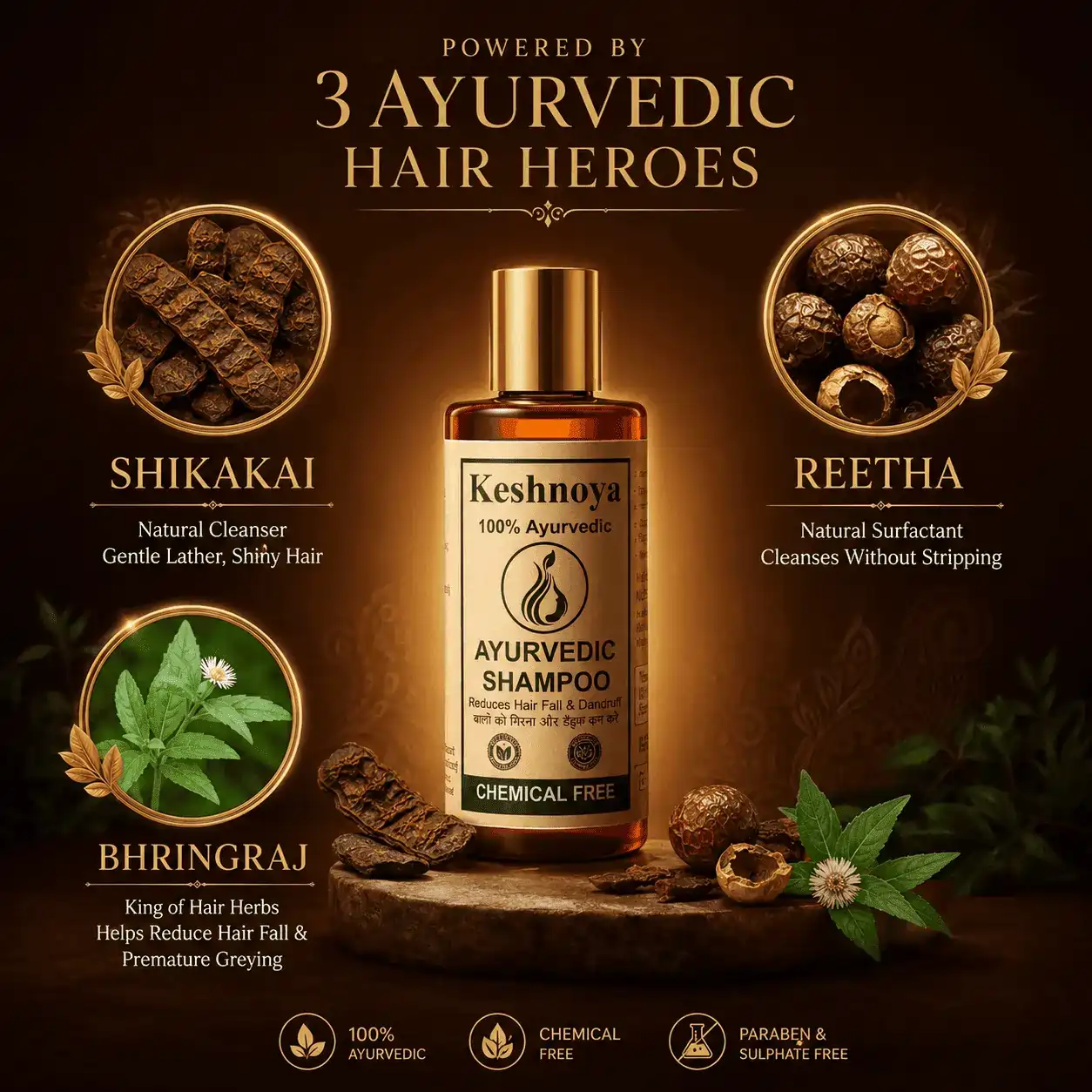 Keshnoya Ayurvedic Shampoo — Freedom from Dandruff & Hair Fall | 10 Ancient Herbs | 100% Chemical Free | 150ml - Image 5