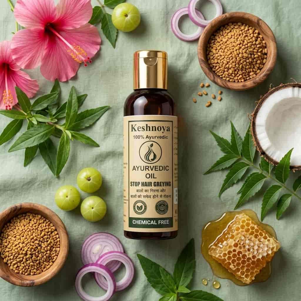 Keshnoya Ayurvedic Hair Oil — Stop Grey Hair & Hair Fall | 10 Ancient Herbs | 100% Chemical Free | 100ml - Image 2
