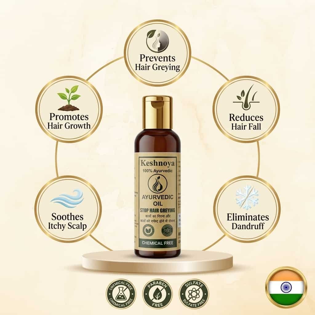 Keshnoya Ayurvedic Hair Oil — Stop Grey Hair & Hair Fall | 10 Ancient Herbs | 100% Chemical Free | 100ml - Image 7