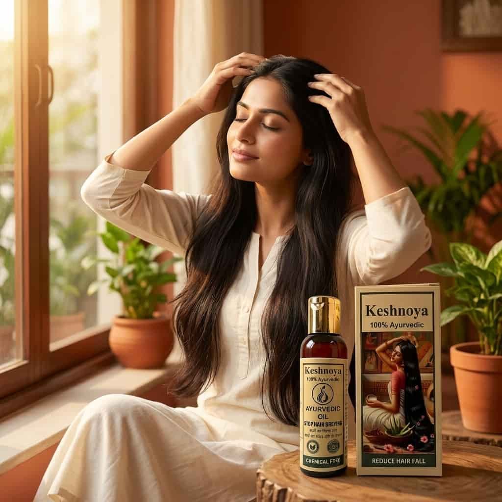 Keshnoya Ayurvedic Hair Oil — Stop Grey Hair & Hair Fall | 10 Ancient Herbs | 100% Chemical Free | 100ml - Image 6