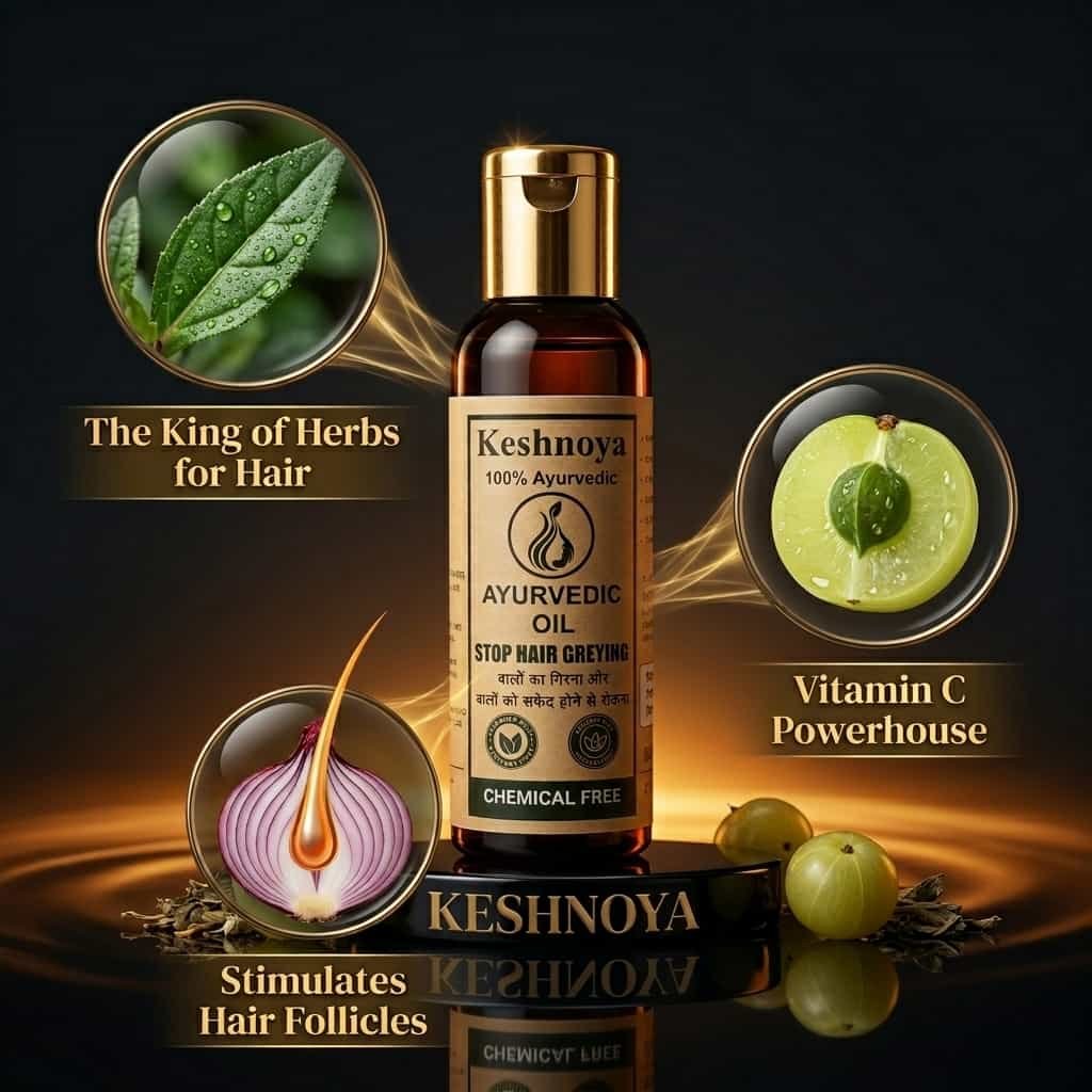 Keshnoya Ayurvedic Hair Oil — Stop Grey Hair & Hair Fall | 10 Ancient Herbs | 100% Chemical Free | 100ml - Image 4