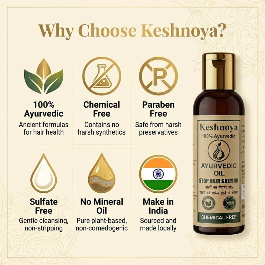 Keshnoya Ayurvedic Hair Oil — Stop Grey Hair & Hair Fall | 10 Ancient Herbs | 100% Chemical Free | 100ml - Image 3